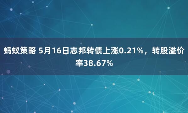 蚂蚁策略 5月16日志邦转债上涨0.21%，转股溢价率38.67%